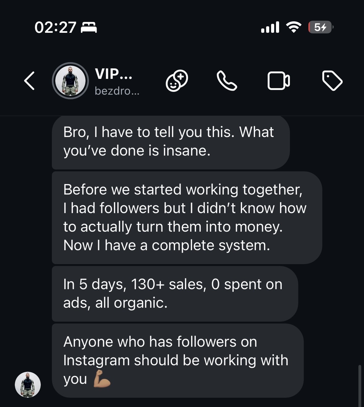 DM conversation with Bezdrob — 130+ sales, 0 ad spend, all organic
